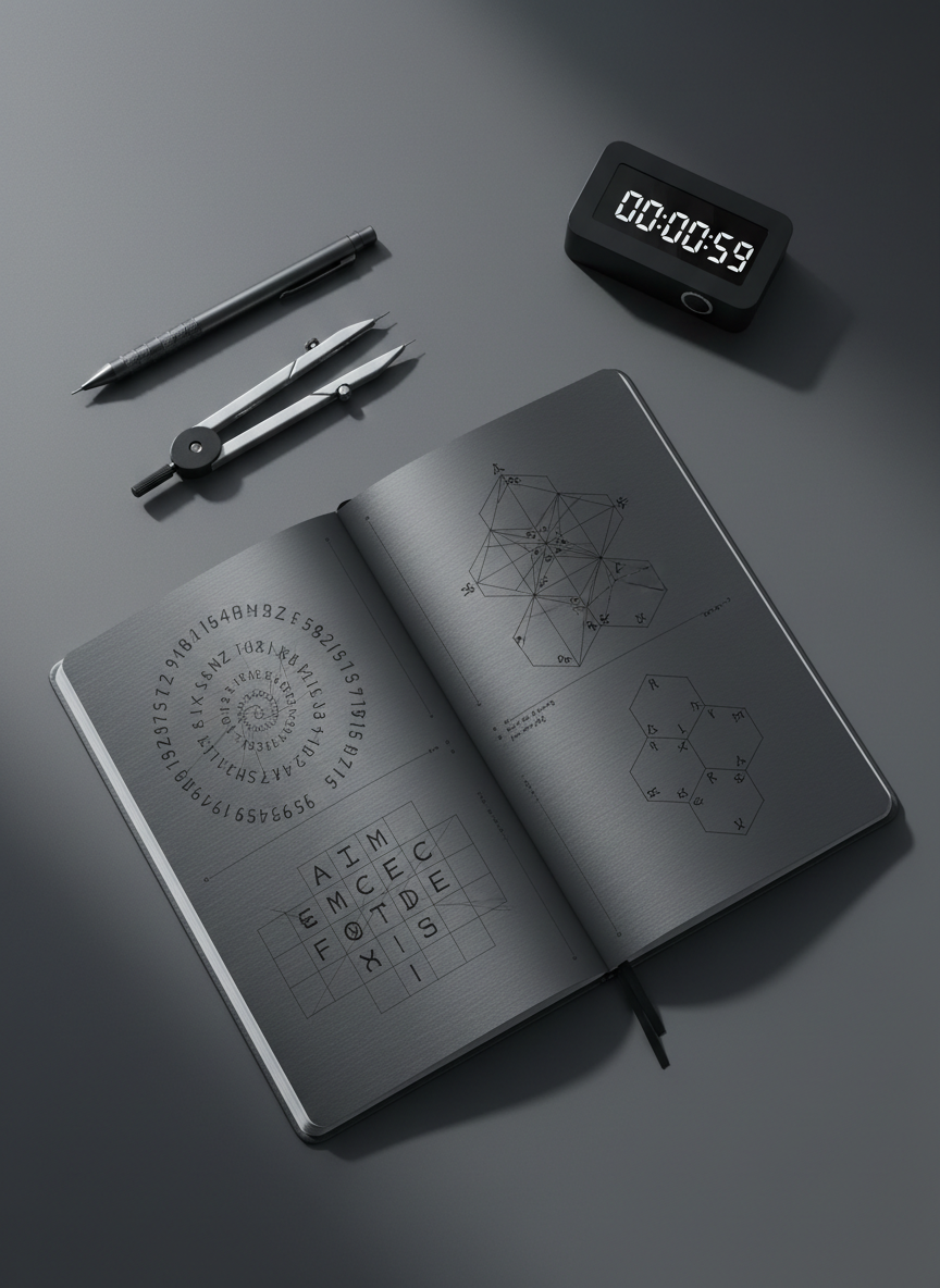 An overhead view of a sleek graphite notebook open to a double-page spread of meticulously drawn puzzle diagrams: letter grids, number sequences, and geometric patterns, all ruled with precise lines and annotated with tiny symbols. The notebook rests on a smooth charcoal-gray tabletop, accompanied by a finely machined mechanical pencil, a steel compass, and a minimalist digital timer displaying 00:00:59. Soft, cool, diffused light from an unseen window to the left casts delicate shadows from the instruments, emphasizing their clean lines. The composition uses rule-of-thirds placement, with the timer subtly dominant, suggesting challenge and time pressure. The mood is focused, rigorous, and modern, rendered in high-contrast photographic realism with a calm, analytical atmosphere.