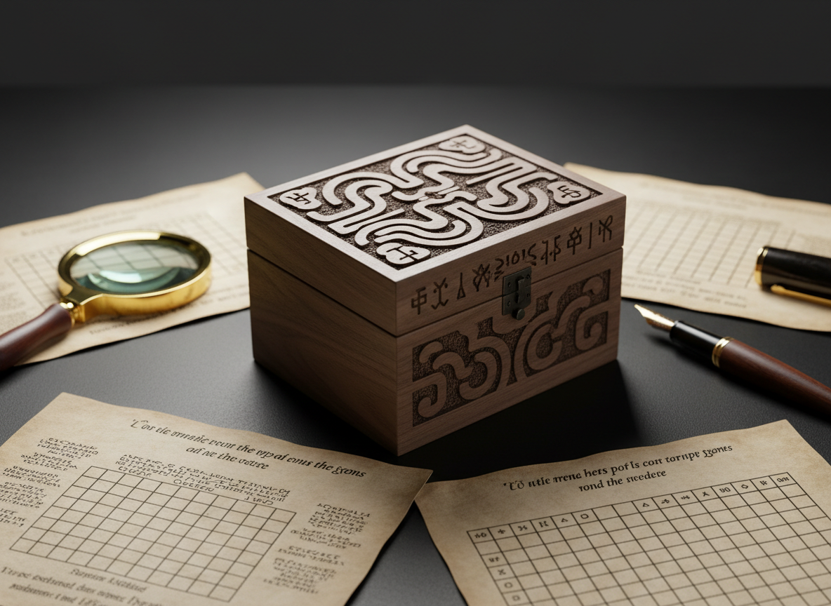A meticulously arranged wooden puzzle box carved with intricate labyrinthine patterns and arcane symbols, its surface a rich dark walnut with subtle gloss, positioned at the center of a matte black desk. Around it lie scattered parchment-style puzzle pages covered in ciphers, grids, and cryptic clues, along with a brass magnifying glass and a vintage fountain pen. Cool, diffused studio lighting from above and slightly to the side creates precise highlights on the carved edges and soft shadows that enhance the sense of depth. Shot at eye level with a shallow depth of field, the puzzle box in razor-sharp focus and the documents gently blurred, evoking a professional, intellectual, and slightly mysterious atmosphere in clean photographic realism.