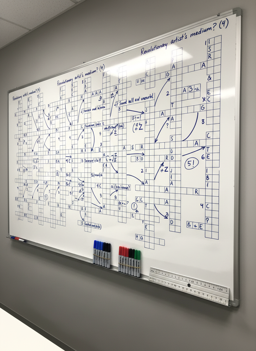 A large, pristine whiteboard filled with a complex network of neatly written cryptic crossword clues, arrows, and interconnected letter grids, all in dark blue marker with perfectly legible handwriting. Along the bottom edge sit organized rows of color-coded dry-erase markers and a single polished metal ruler. The whiteboard dominates a modern, minimal office wall with subtle gray paint and no clutter. Bright, even overhead office lighting eliminates glare while creating mild reflections on the glossy board surface. Captured from a slightly angled perspective to show depth, with sharp focus throughout, the composition feels analytical, professional, and methodical, emphasizing clarity and structure in crisp photographic realism.