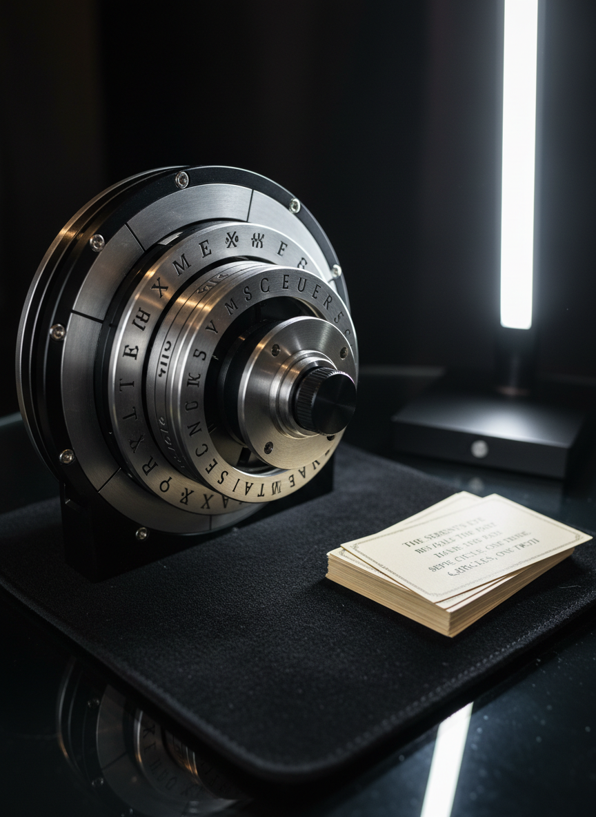 A close-up of a sophisticated lock-and-key puzzle device made from brushed stainless steel and matte black anodized aluminum, featuring interlocking rotating rings engraved with letters and symbols. The device rests on a dark felt surface atop a glass table, beside a small stack of crisp, ivory clue cards printed with cryptic hints in serif type. A single cool-white desk lamp from the right provides dramatic side lighting, creating pronounced highlights along metallic edges and deep, soft shadows that suggest hidden complexity. Shot from a low, slightly oblique angle with shallow depth of field, the foreground letters are sharply in focus while the far side fades into tasteful blur. The atmosphere is deliberate, enigmatic, and highly professional, in precise photographic realism.